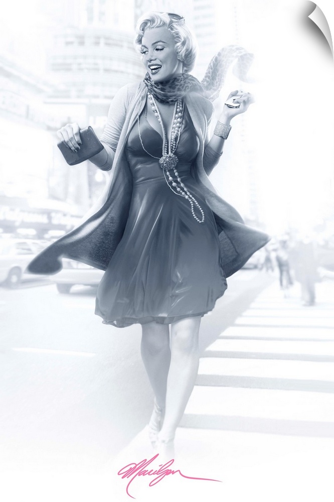 Marilyn Monroe walking down a city street in black and white.