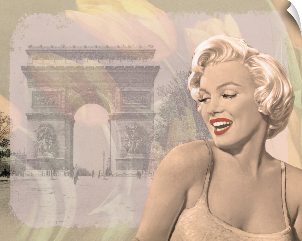 Inspired by the movie, Seven Year Itch, Marilyn Monroe looks elegantly over her shoulder with the Arc de Triomphe in the b...