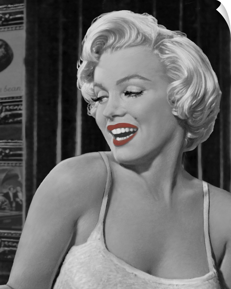 Digital fine art image of Marilyn Monroe in gray tones while her lips are a red shade.