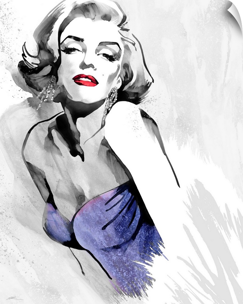 Marilyn Monroe's fashion pose in black and white with red lips and a purple retro 1980's strapless dress.