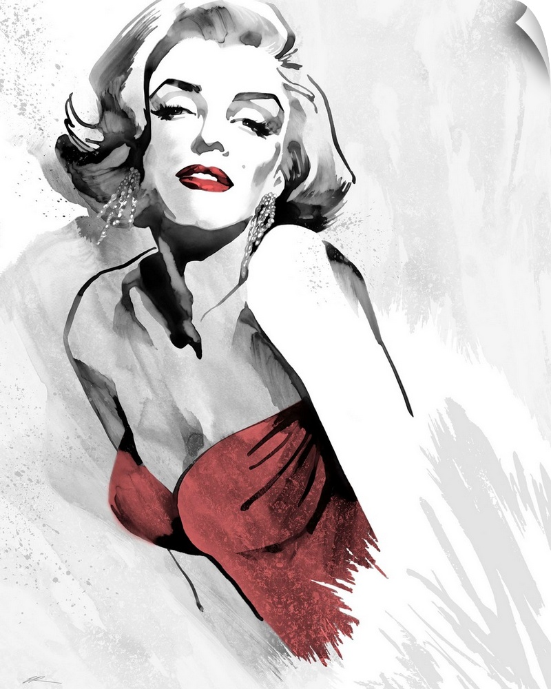 Marilyn Monroe's fashion pose in black and white with red lips and a red retro 1980's strapless dress.