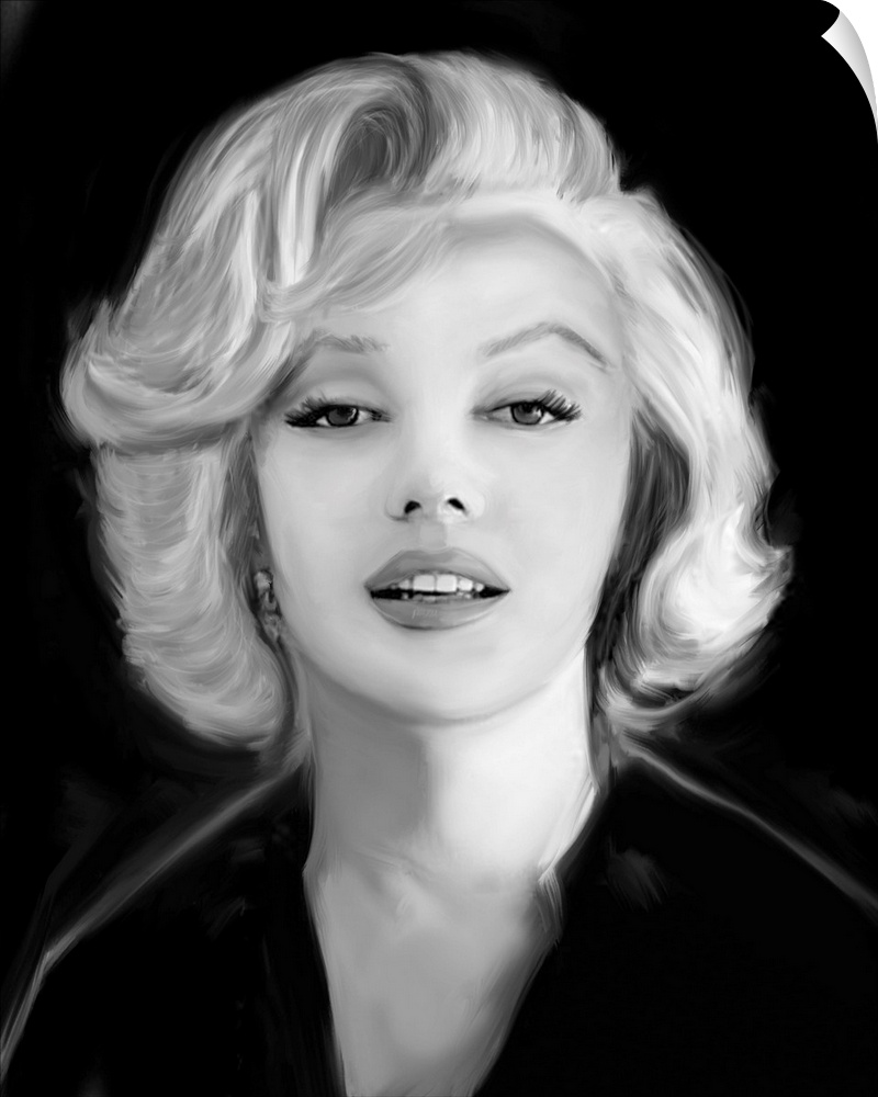 Digital art painting in black and white of Marilyn Monroe in Marilyn's Whisper by Jerry Michaels.