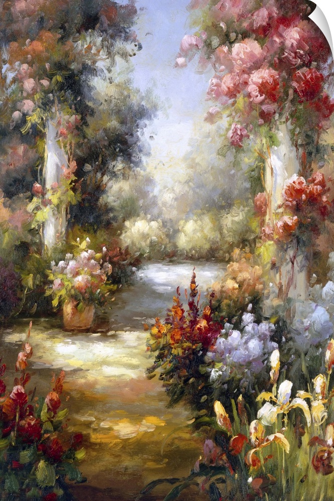 Rococo-style painting of a garden filled with exotic flowers.