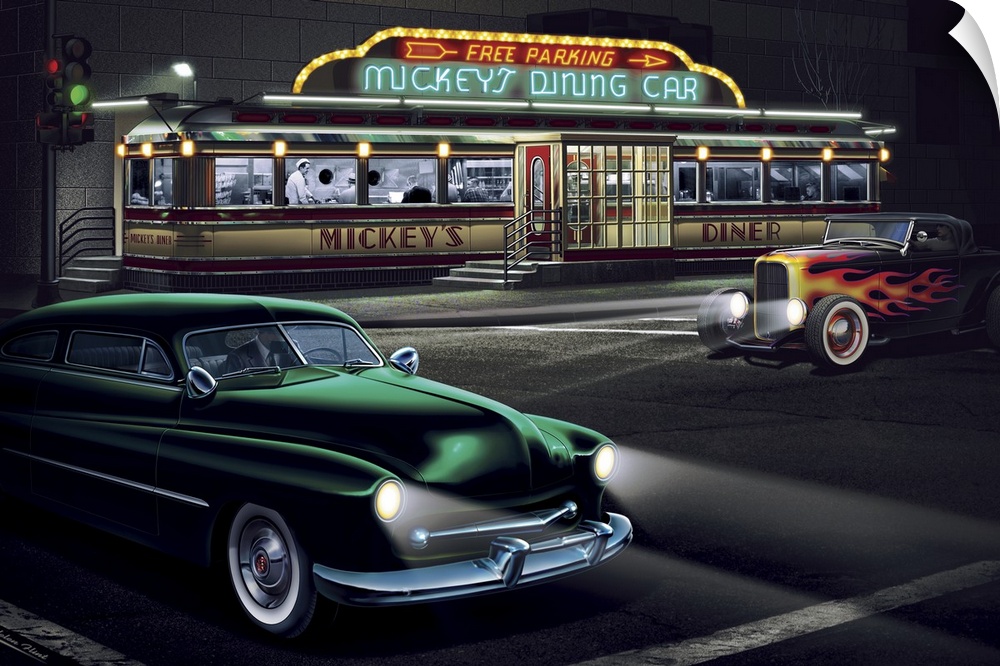 Digital art painting of Mickey's Diner with racing hot rods by Helen Flint.