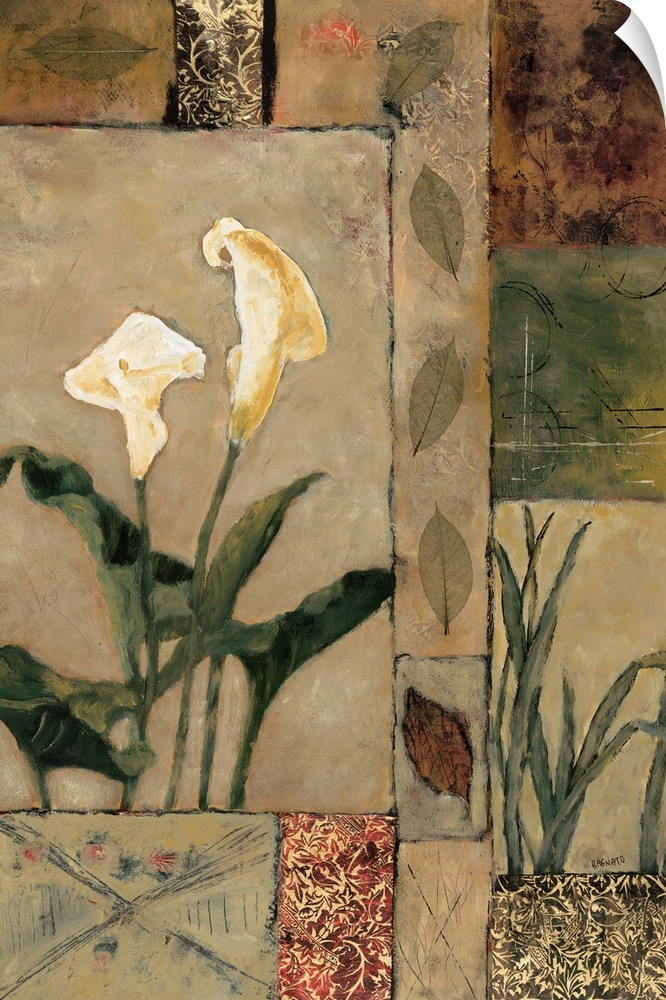 Contemporary painting of calla lily blooms with leaves over a geometric style background.