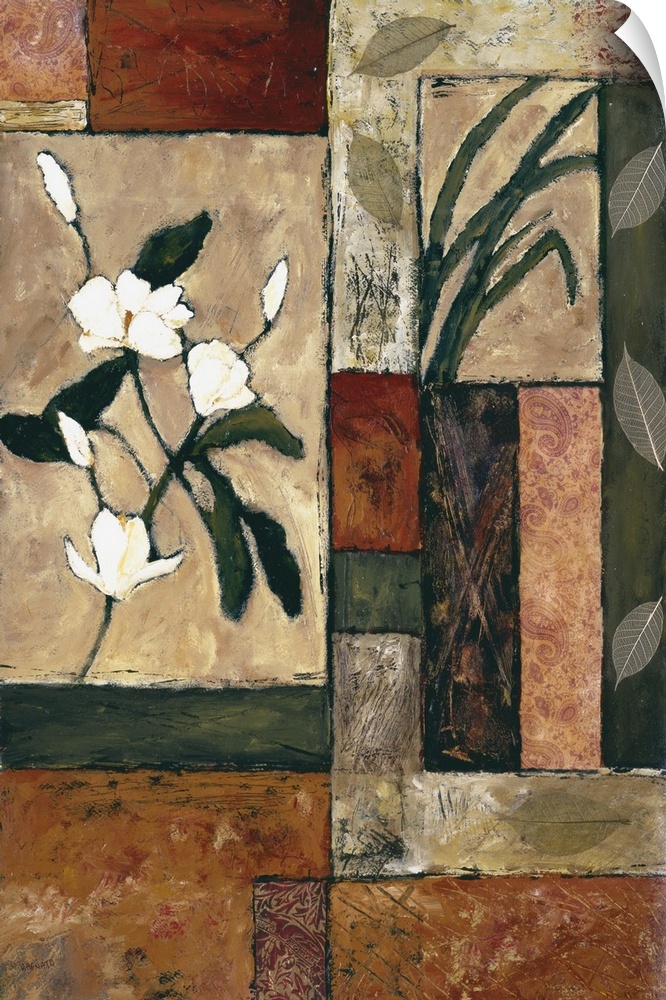 Contemporary painting of white flowers with leaves over a geometric style background.