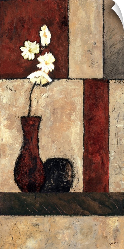 Contemporary painting of an orchid bloom in a vase on a table with geometric block pattern background.