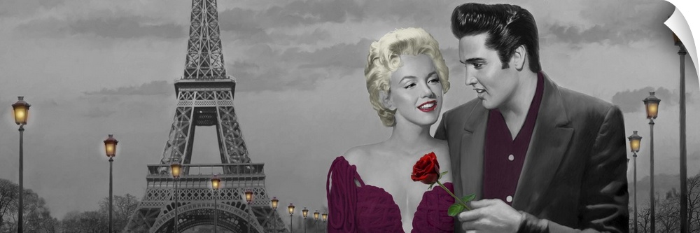 Painting of Marilyn Monroe and Elvis Presley on a date together near the Eiffel Tower in Paris, France.