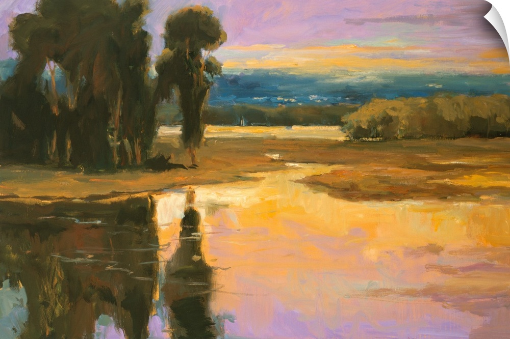 Fine art oil painting in bright and washed pastel hues of trees and a river by Allayn Stevens.