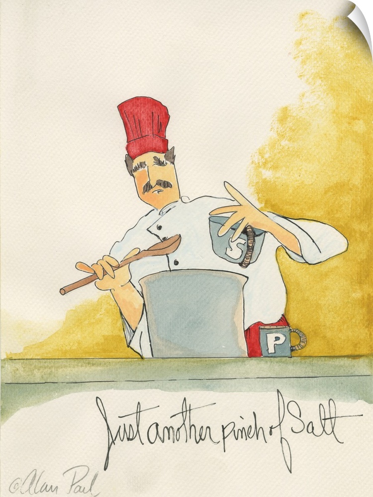 Watercolor painting with pen and ink details of a chef seasoning a pot of soup titled Pinch of Salt by Alan Paul.