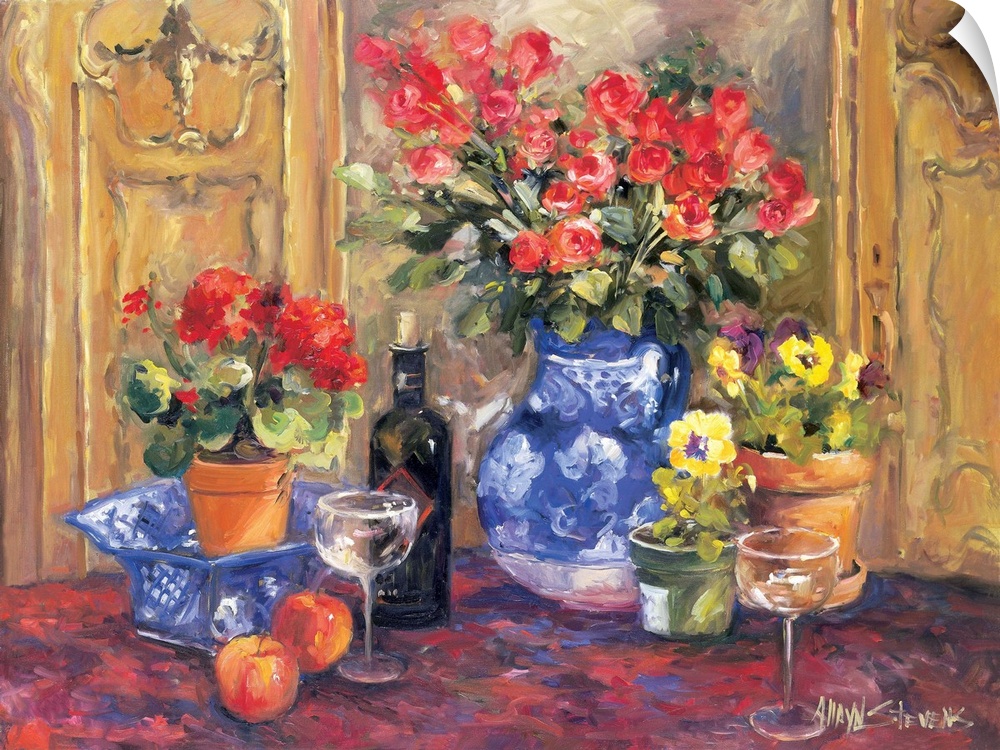 Fine art oil painting still life of red roses, flowers, fruit and wine on a table by Allayn Stevens.