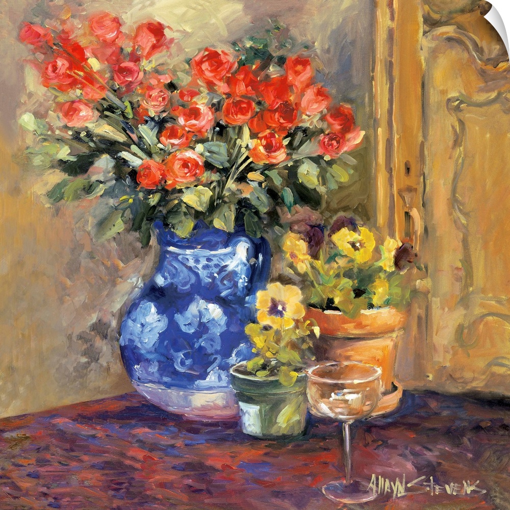 Fine art oil painting still life of red roses, flowers, fruit and wine on a table by Allayn Stevens.