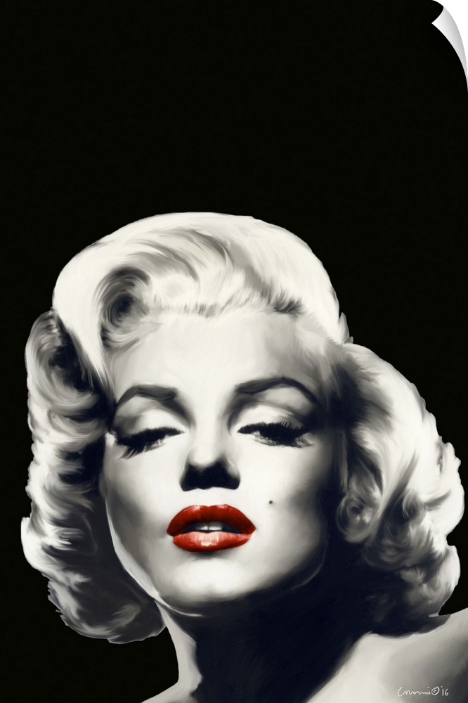 Black and white digital art painting of Marilyn Monroe with red lips.