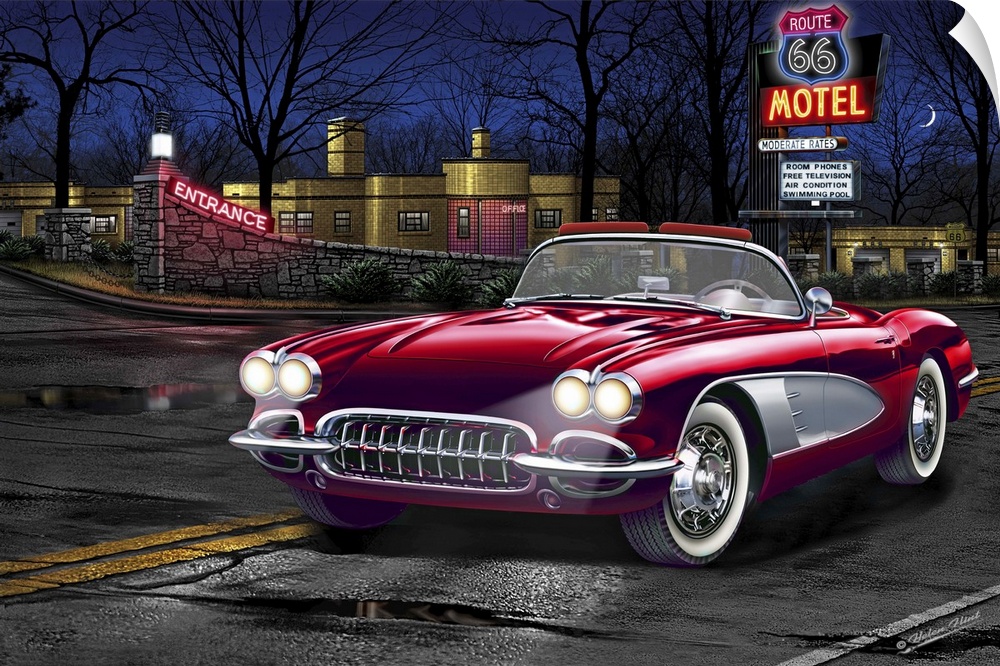 Digital art painting of a classic red sportscar parked outside the Route 66 Motel by Helen Flint.