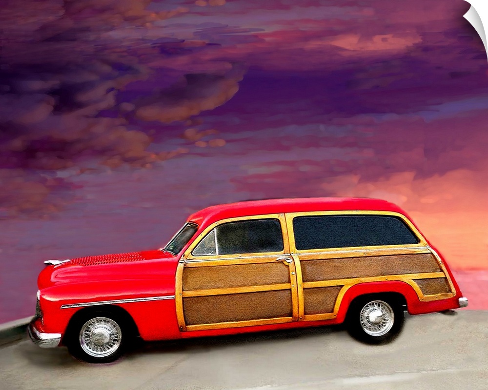 Digital art painting of a red Woody style car with a beautiful background sky by Sally Linden.