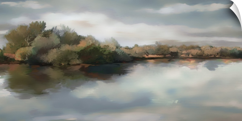 Contemporary painting of a river and the fields that run to it.