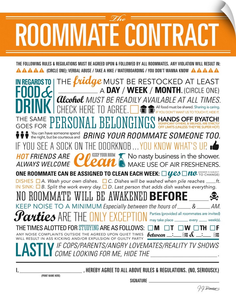 Digital art painting of a poster titled Roommate Contract by JJ Brando.