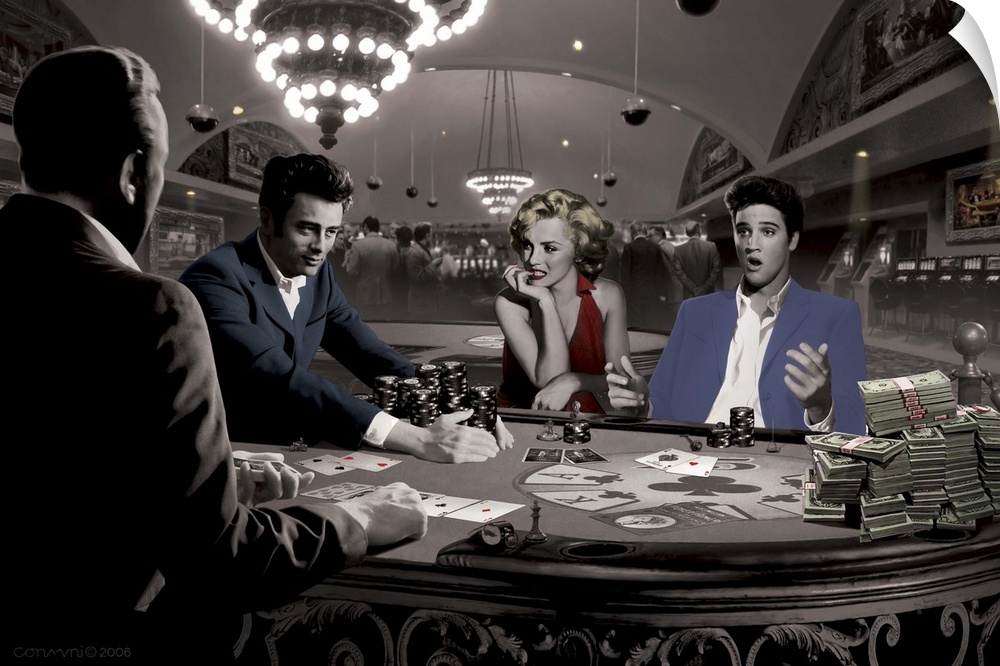 Painting of James Dean, Elvis Presley, Humphrey Bogart, and Marilyn Monroe playing cards together in Las Vegas.