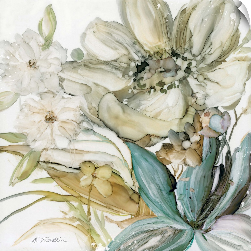 Fine art watercolor painting of a seaglass garden of flowers in blues, green and gray by Elizabeth Franklin.