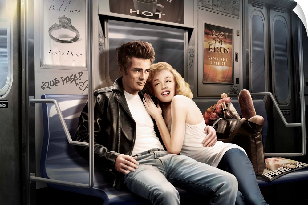 Digital art painting of Marilyn and James Dean on a subway ride by JJ Brando.