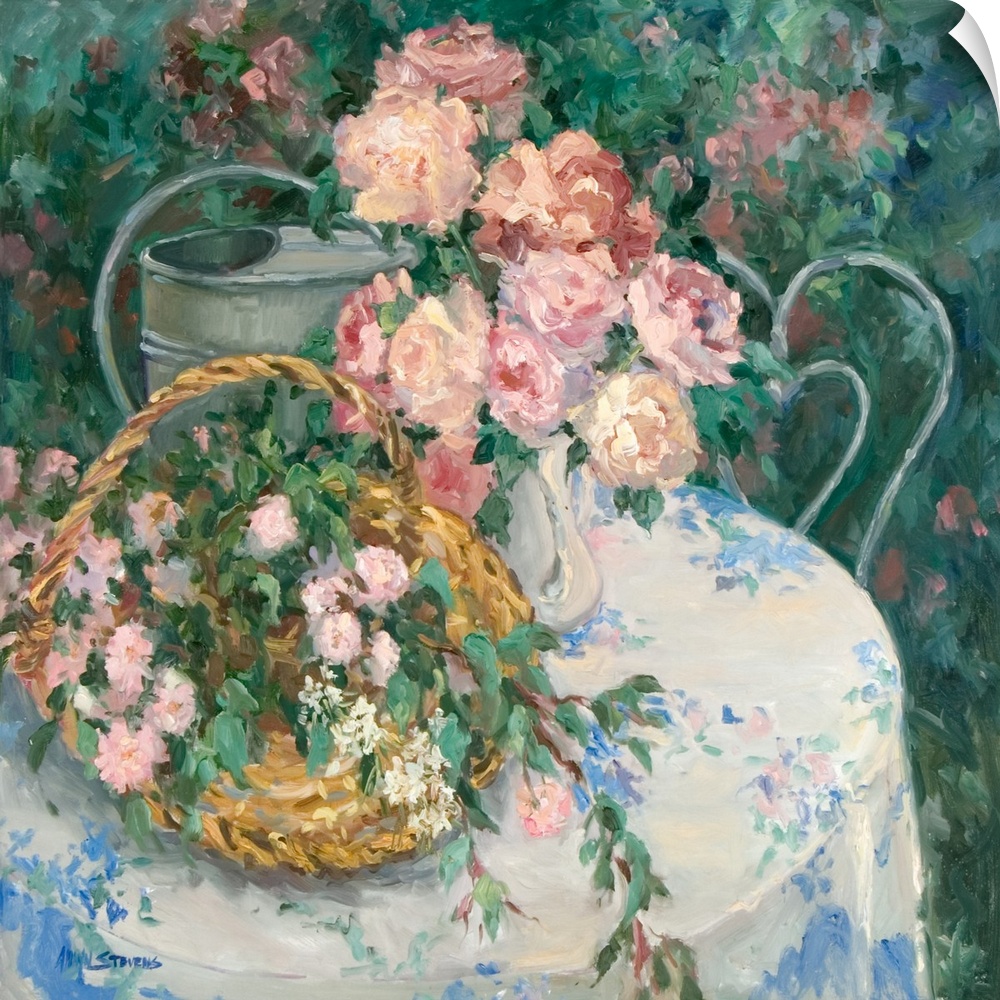 Fine art oil painting still life of a beautiful table filled with pink roses and flowers in a basket with a watering can b...