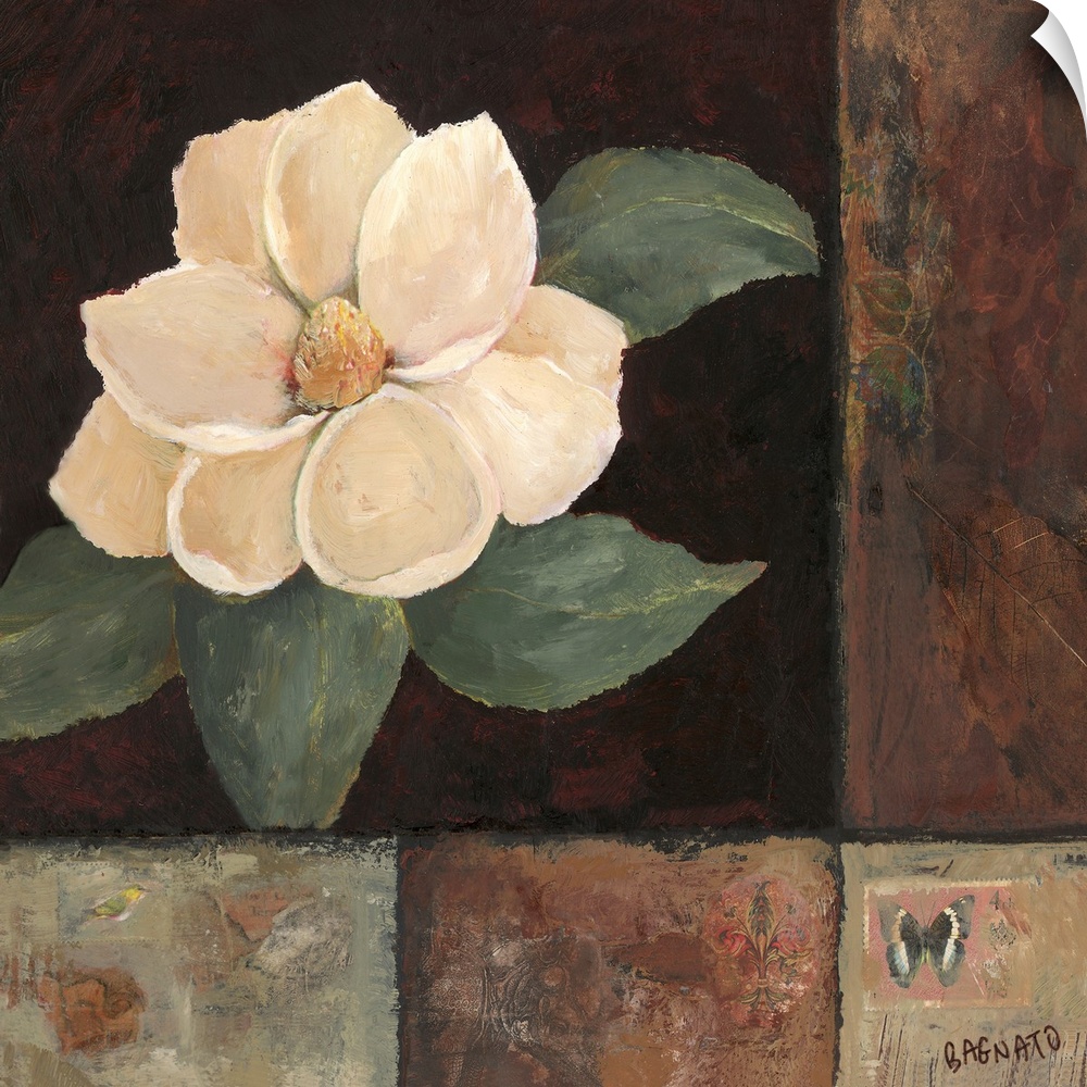 Contemporary painting of a magnolia blossom on a black background with mixed media borders collage-style.