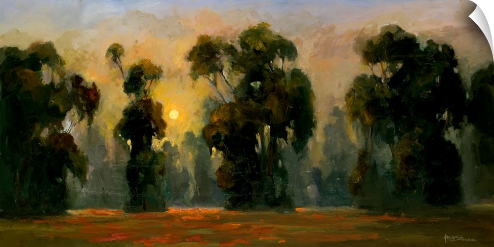 Fine art oil painting landscape of a line of majestic dark green trees backlit with a golden yellow sun and glints of ligh...