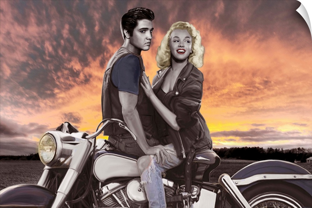 Digital fine art image of Marilyn and Elvis on a motorcycle.