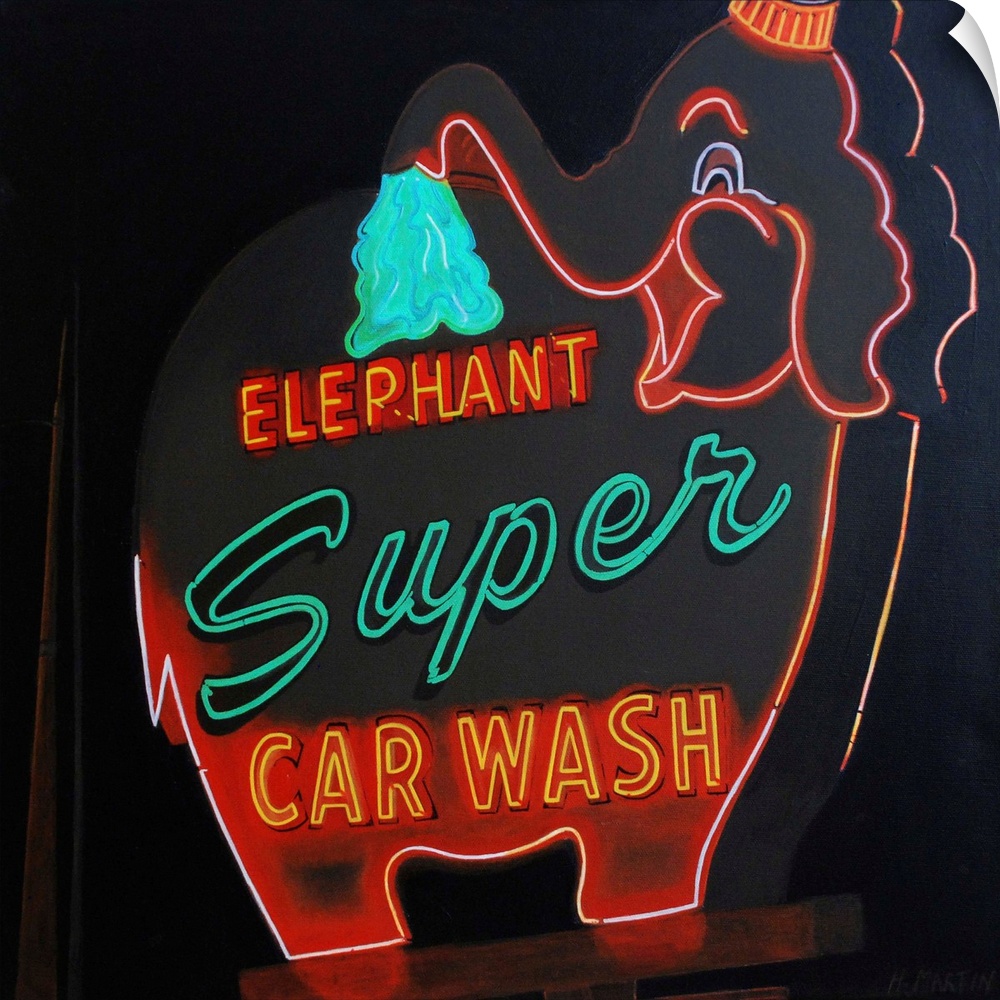 Fine art oil painting of a vintage neon super car wash elephant set against a dark background by Heidi Martin.