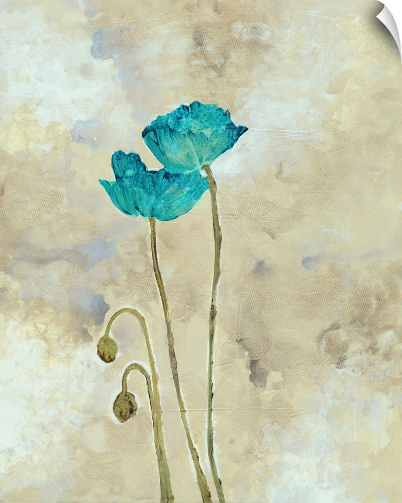 Fine art painting of teal and turquoise flowers.