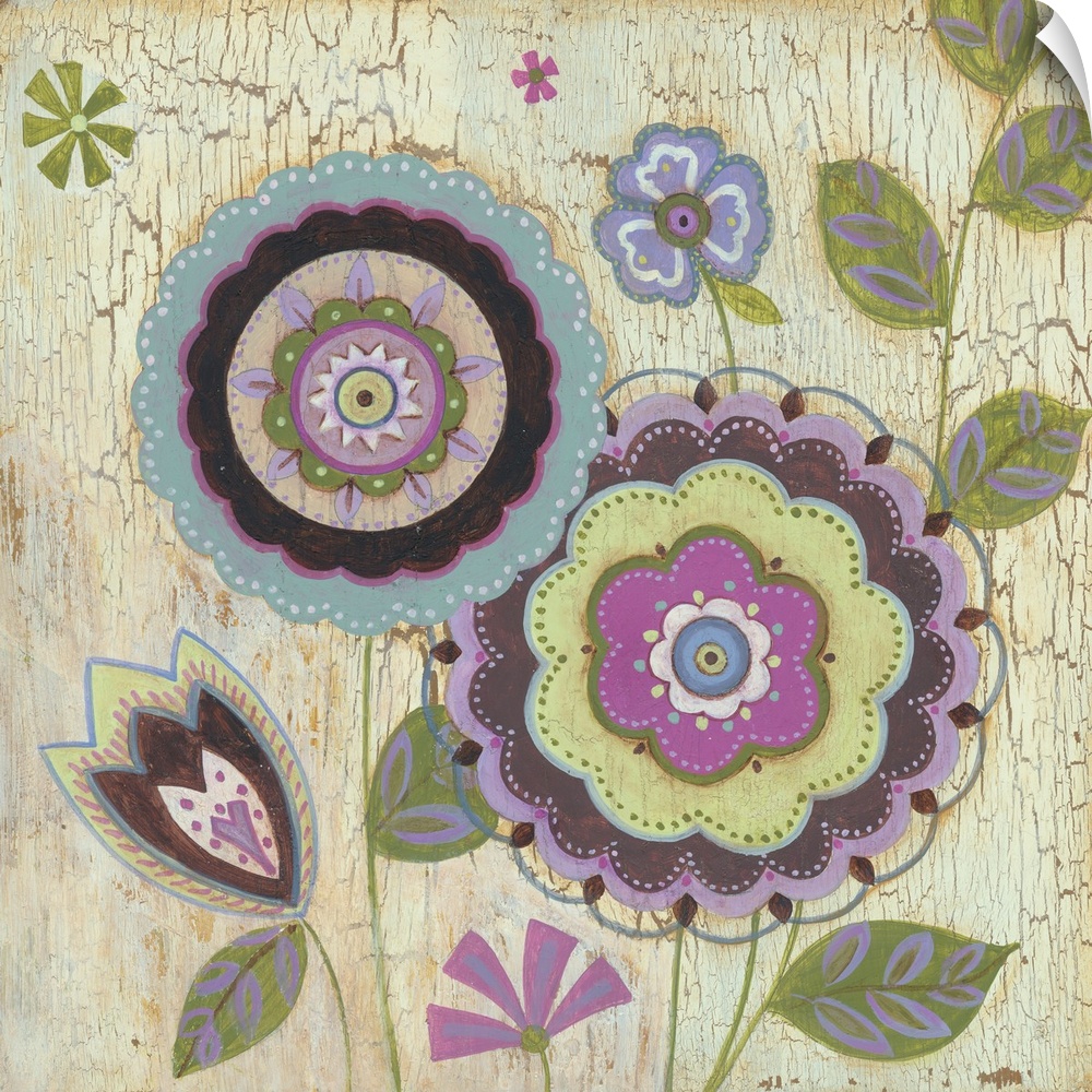 Contemporary decor of geometric blossoms, blooms, buds and leaves against a neutral distressed background.