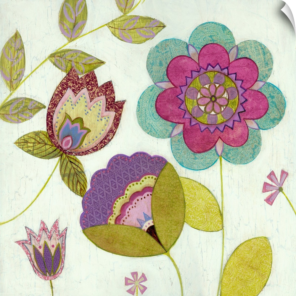 Contemporary decor of geometric blossoms, blooms, buds and leaves against a neutral background.