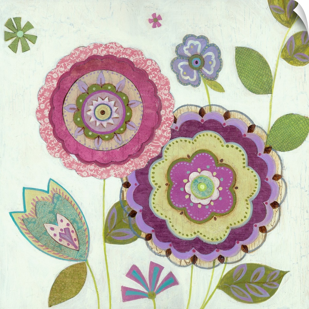 Contemporary decor of geometric blossoms, blooms, buds and leaves against a neutral background.