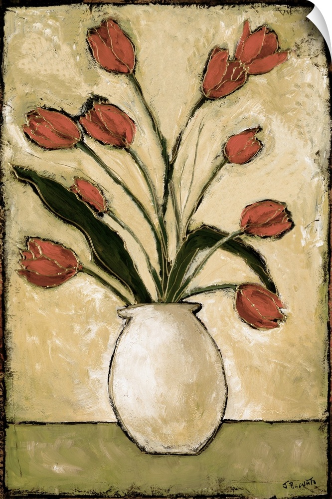 Contemporary painting of a bouquet of red tulips over a light background.