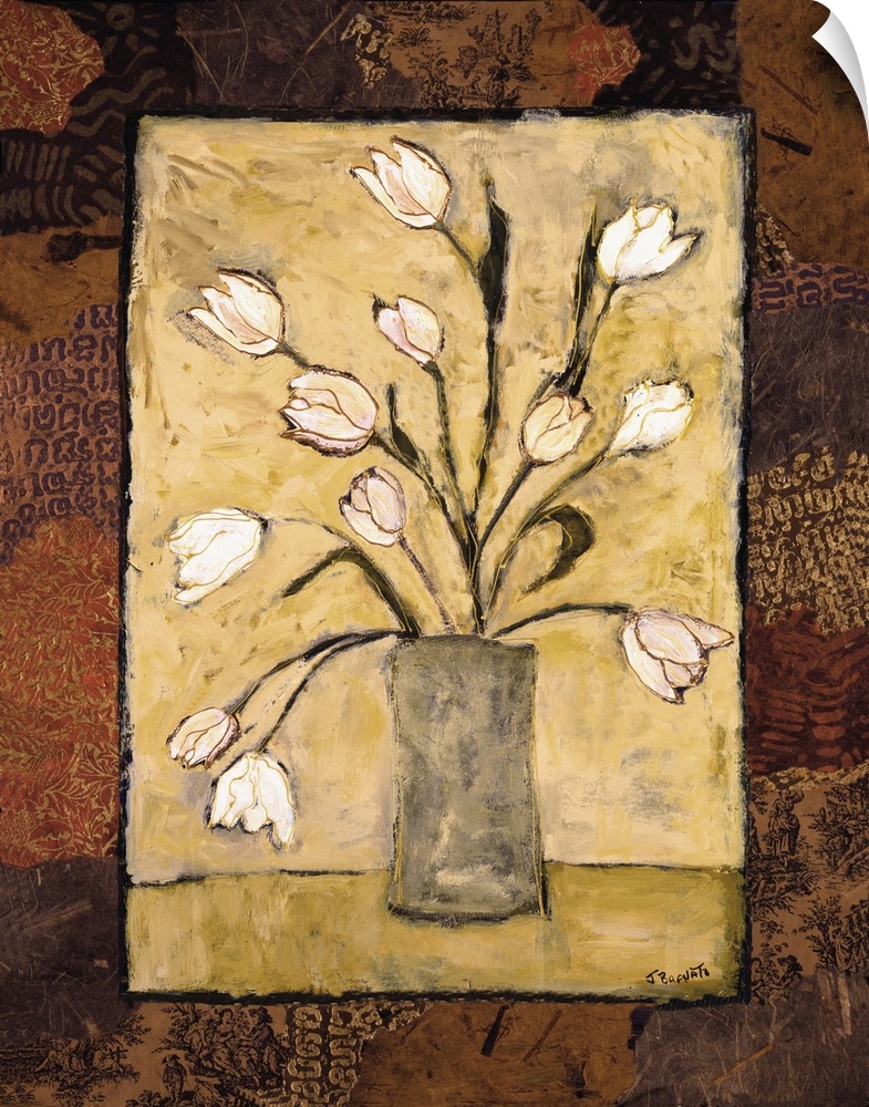 Contemporary painting of a bouquet of white tulips over a light background surrounded by a patterned border.