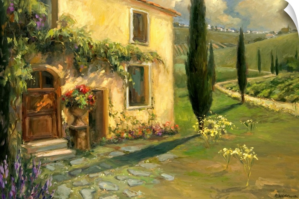 Fine art oil painting landscape of a Tuscan farmhouse with lush green hills rising in the background by Allayn Stevens.