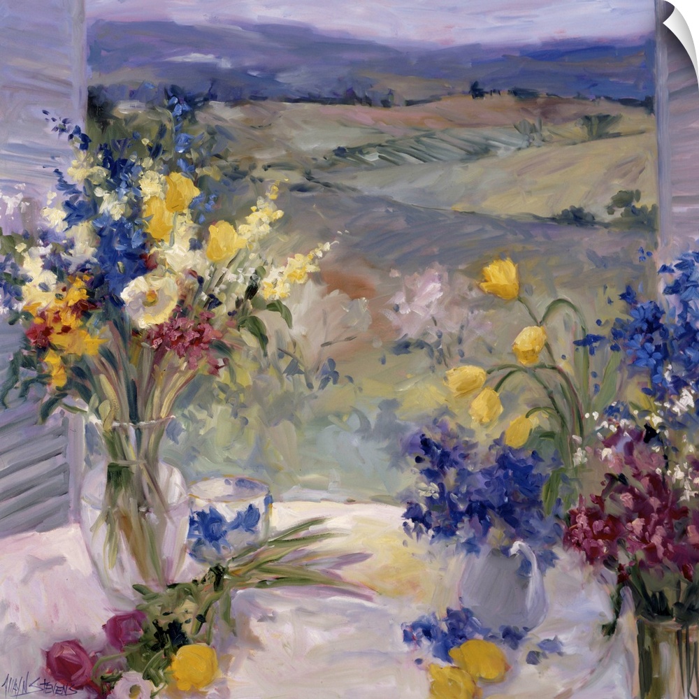 Fine art oil painting still life of lavender, yellow and maroon flowers on a table overlooking the Tuscan hillside through...