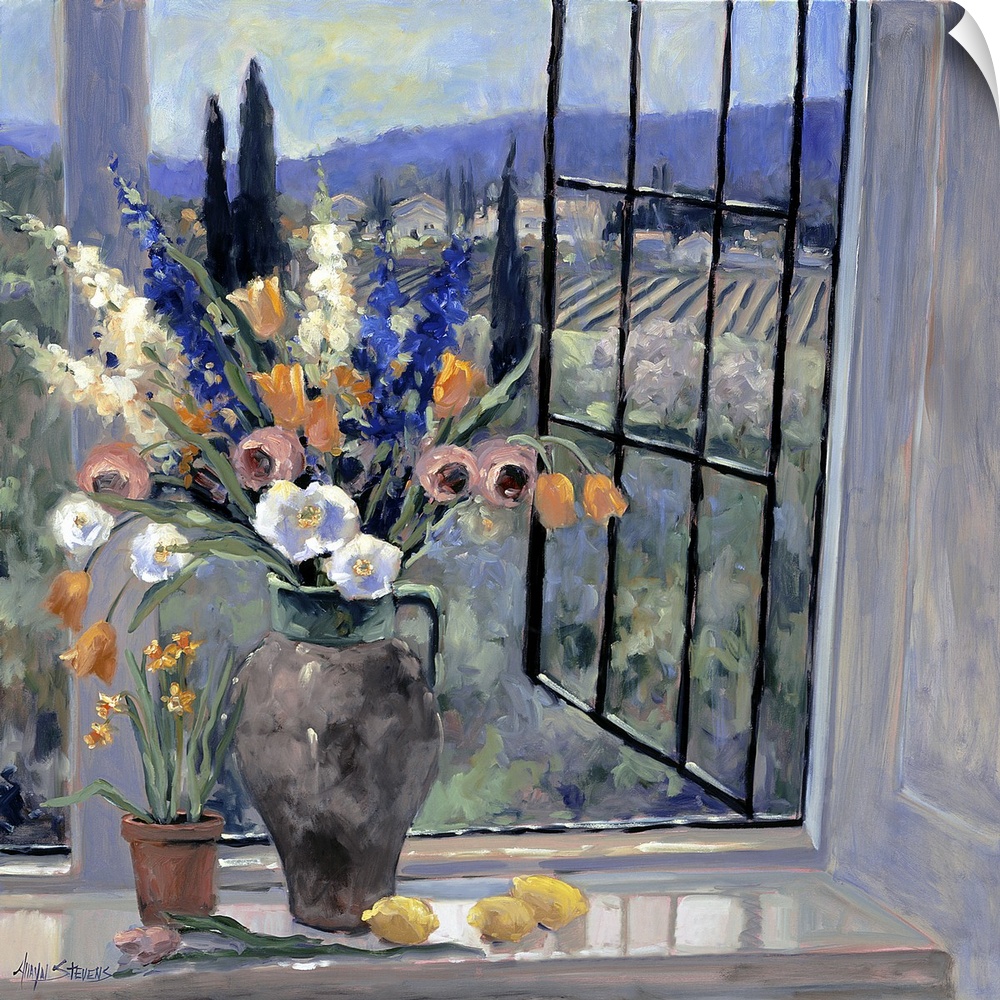 Contemporary landscape painting of a flower filled vase sitting by an open window looking out over the Tuscan hillside.