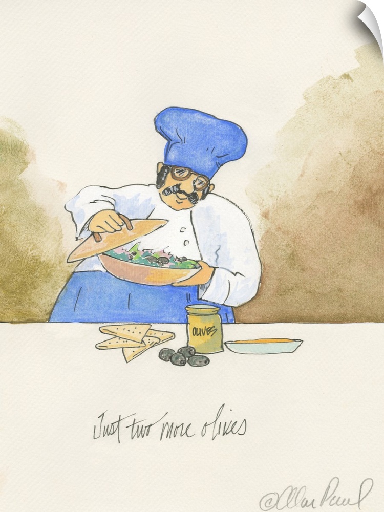 Watercolor painting with pen and ink details of a chef making a salad titled Two More Olives by Alan Paul.