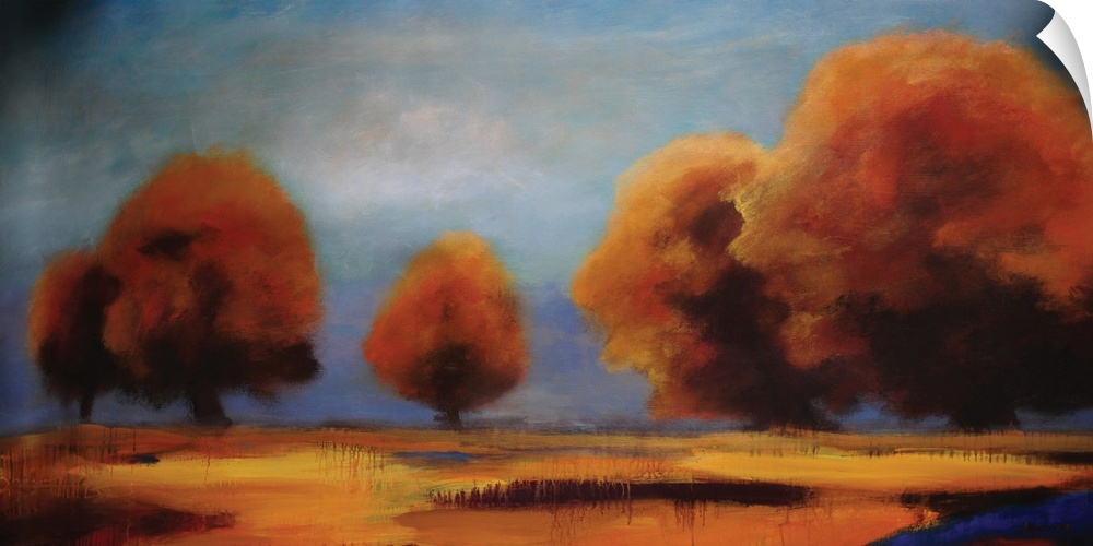 Contemporary artwork of brightly colored fall trees against a shaded blue sky.