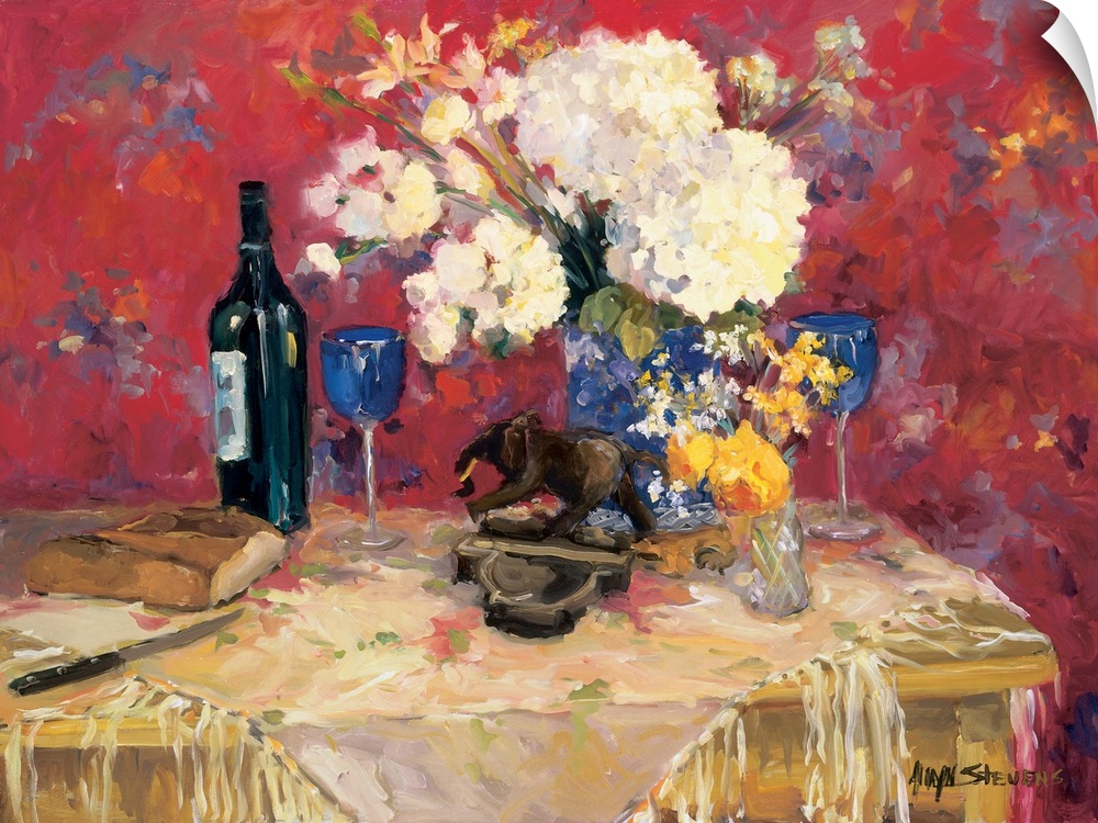 Fine art oil painting still life of wine and bread on table with a vase of white hydrangeas by Allayn Stevens.