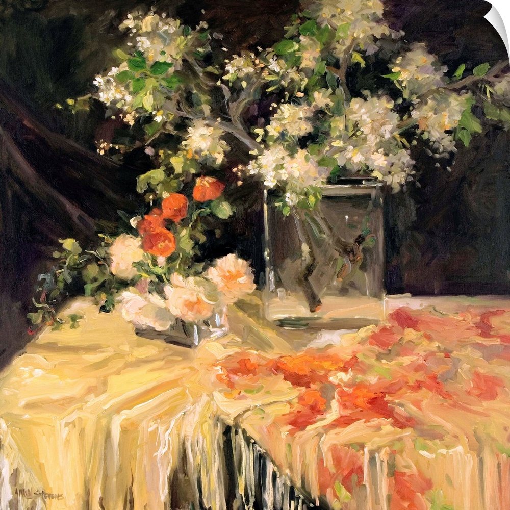 Contemporary still life painting of a beautiful shawl covered table and a vase filled with flowering white freesia.