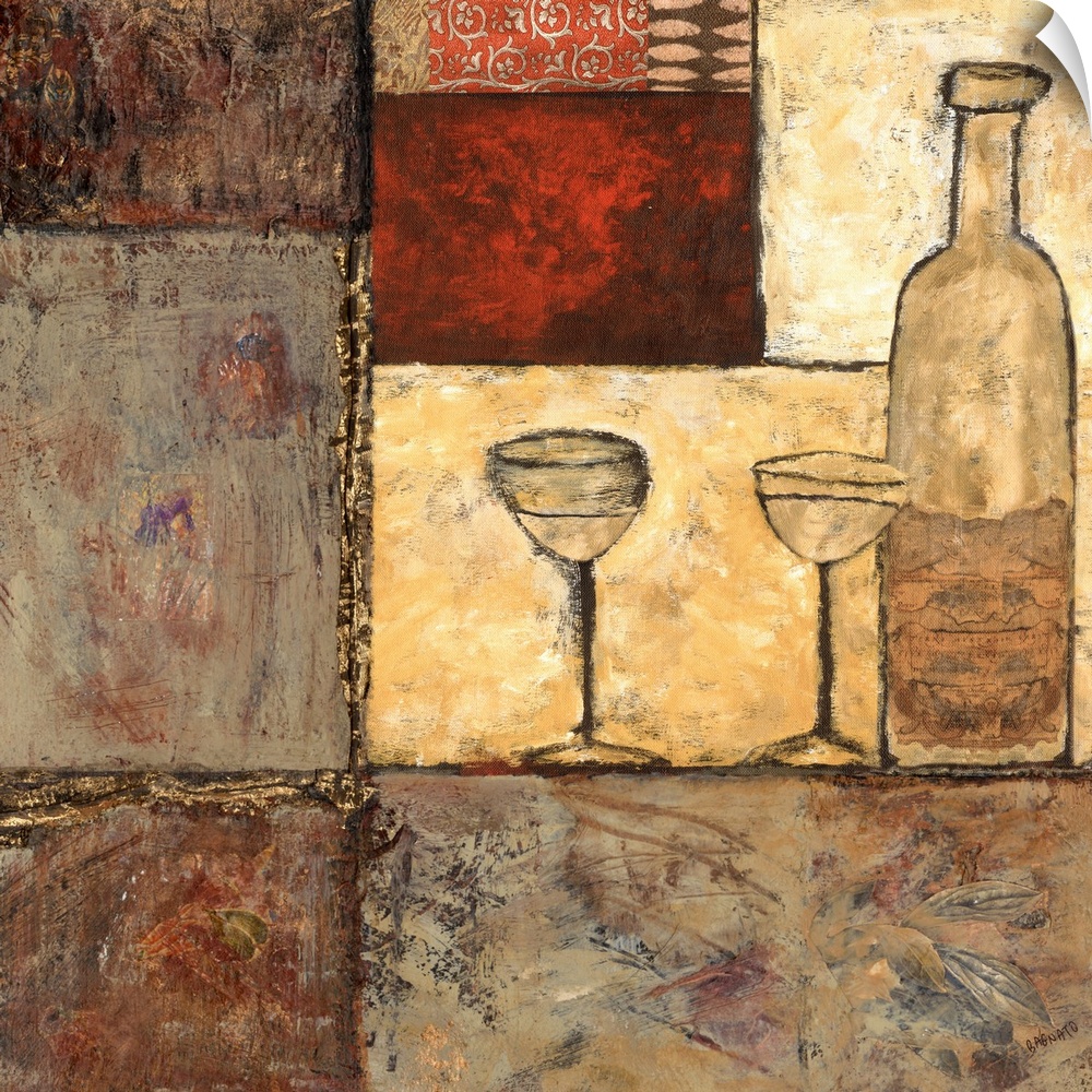 Contemporary textured painting of a bottle of white wine with two glasses over various polygons.