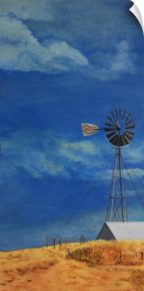 Painting of a windmill on a farm against a blue sky.