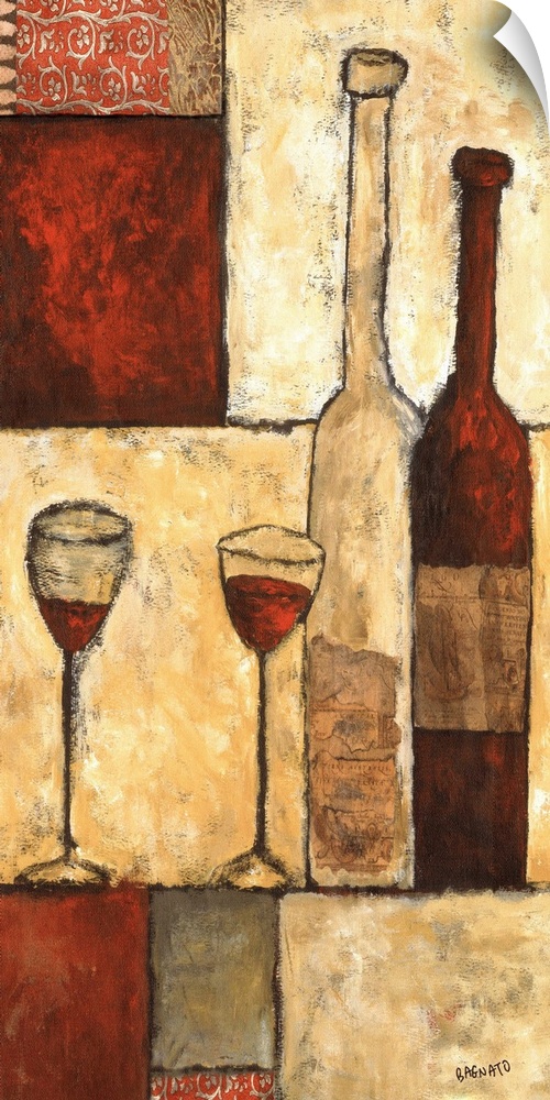 Contemporary painting of two bottles of wine with a geometric block pattern background.