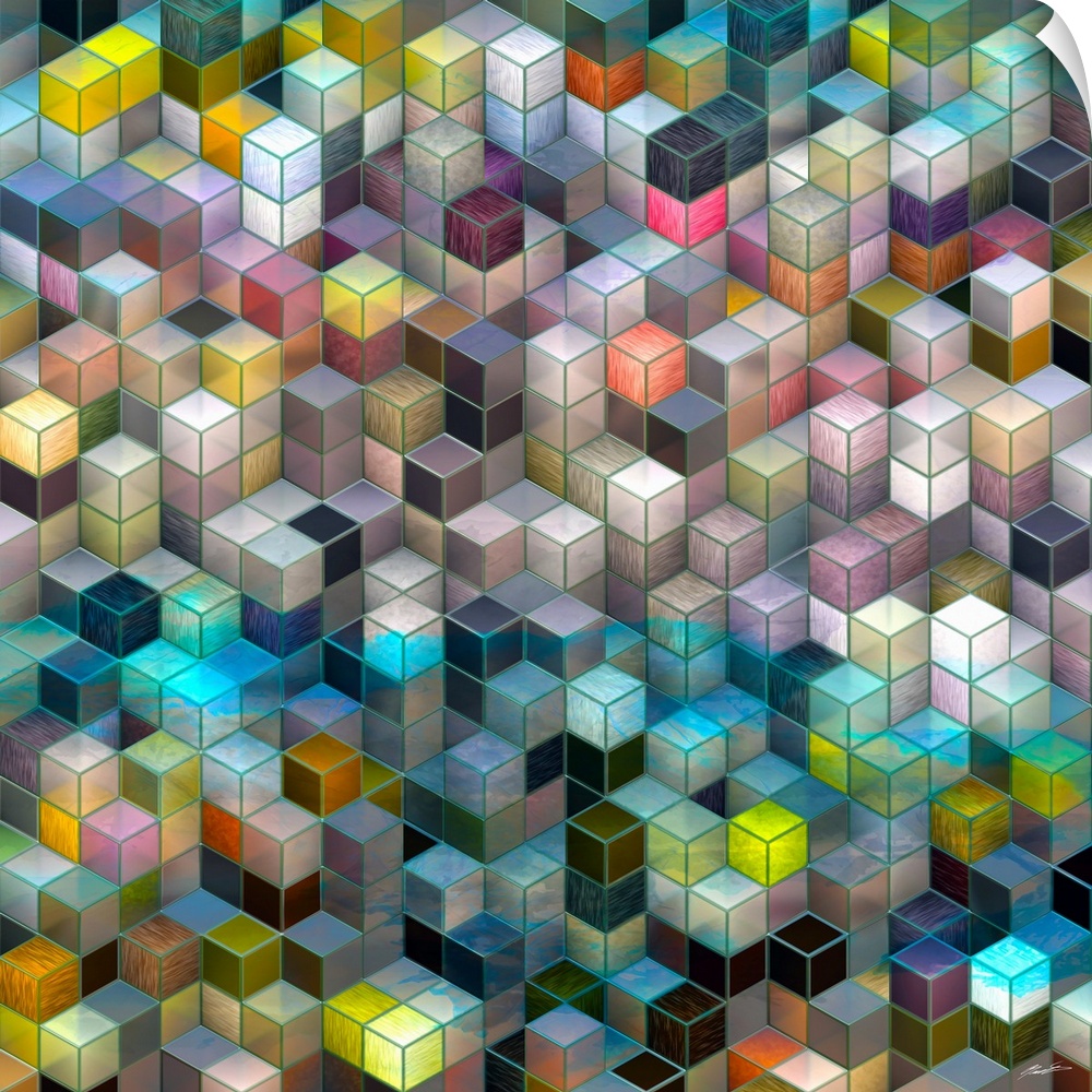 Cascade of hexagonal translucent cubes of brilliant color.