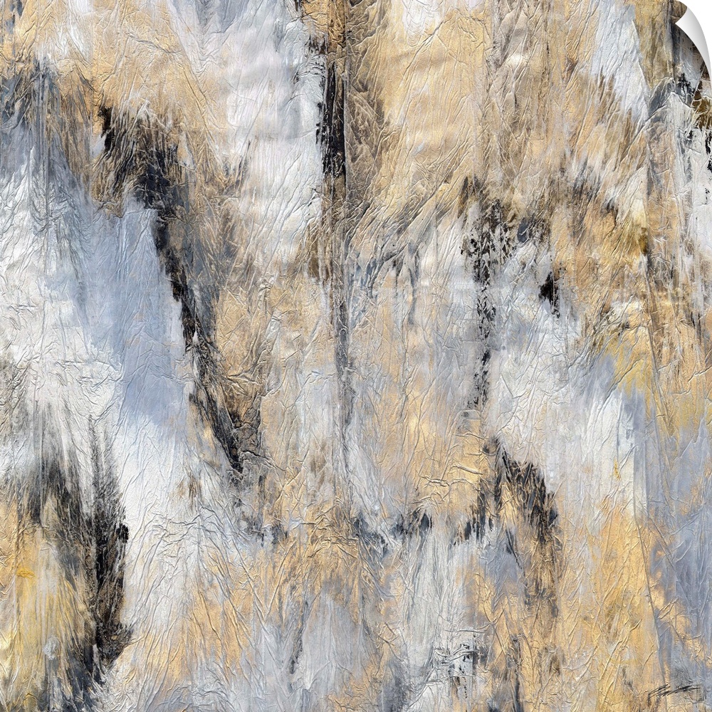 An abstract marbleized print with golden highlights.