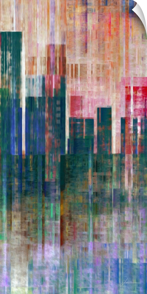 An abstract painted cityscape pops from a textured canvas.