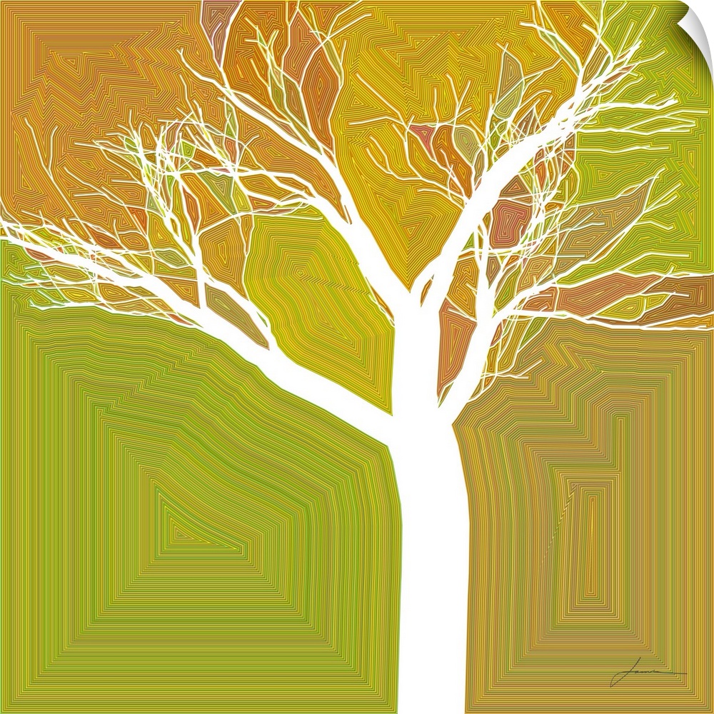 A graphic abstract tree pops from an electric background.