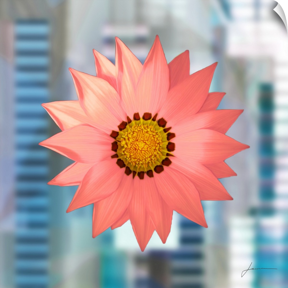 Town and country. A colorful bloom floats over an abstract urban landscape.